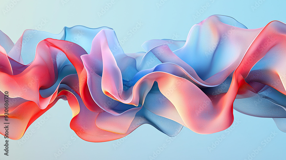 Obraz premium 3D Abstract Design with Intricately Layered, Flowing Cloth Elements in Harmonious Red, Pink, and Blue Tones Against a Soft Blue Background, Modern Digital Art, Elegant Textile Visualization