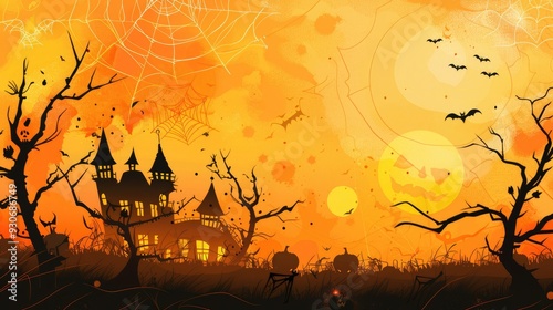 halloween background with pumpkins and devil hpuse and trees and bats with orange sky net background photo