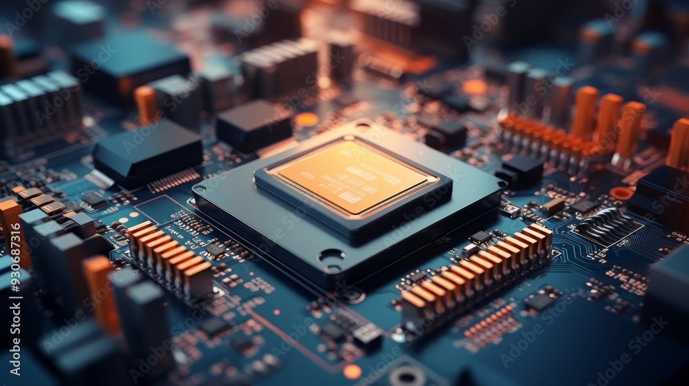 Close up, Motherboard with electronic components. Powerful processor. Development of computer technologies. Modern electronics production. Electronic circuit board with processor, close up. Close up, Motherboard with electronic components. Powerful processor. Development of computer technologies. Modern electronics production. Electronic circuit board with processor, close up.