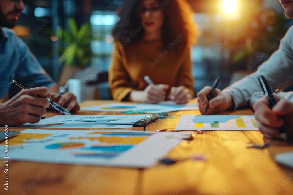 Fototapeta premium Close up of diverse businesspeople brainstorm discussing paperwork share project ideas together, employees gather consider financial paper handout material, company statistics at office briefing