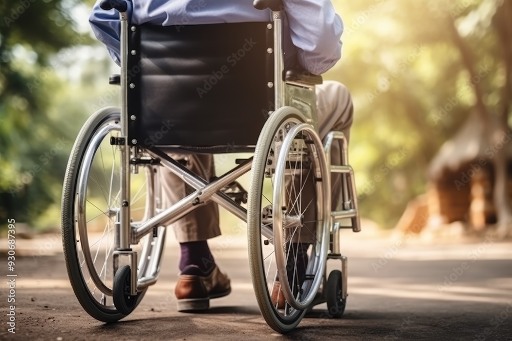 Senior person in wheelchair enjoying freedom walking on road in summer city park outdoor. Old happy man in chair for people with disability has a hope. Disability disease rehabilitation. Close up view Senior person in wheelchair enjoying freedom walking on road in summer city park outdoor. Old happy man in chair for people with disability has a hope. Disability disease rehabilitation. Close up view