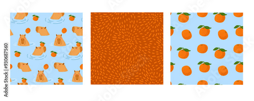 Seamless Capybara patterns. Set of three. Capybara swimming, fruit Repeated vector backgrounds for menu, wallpaper, wrapping paper, packing, textile. Cute funny cartoon characters, Rodent in water