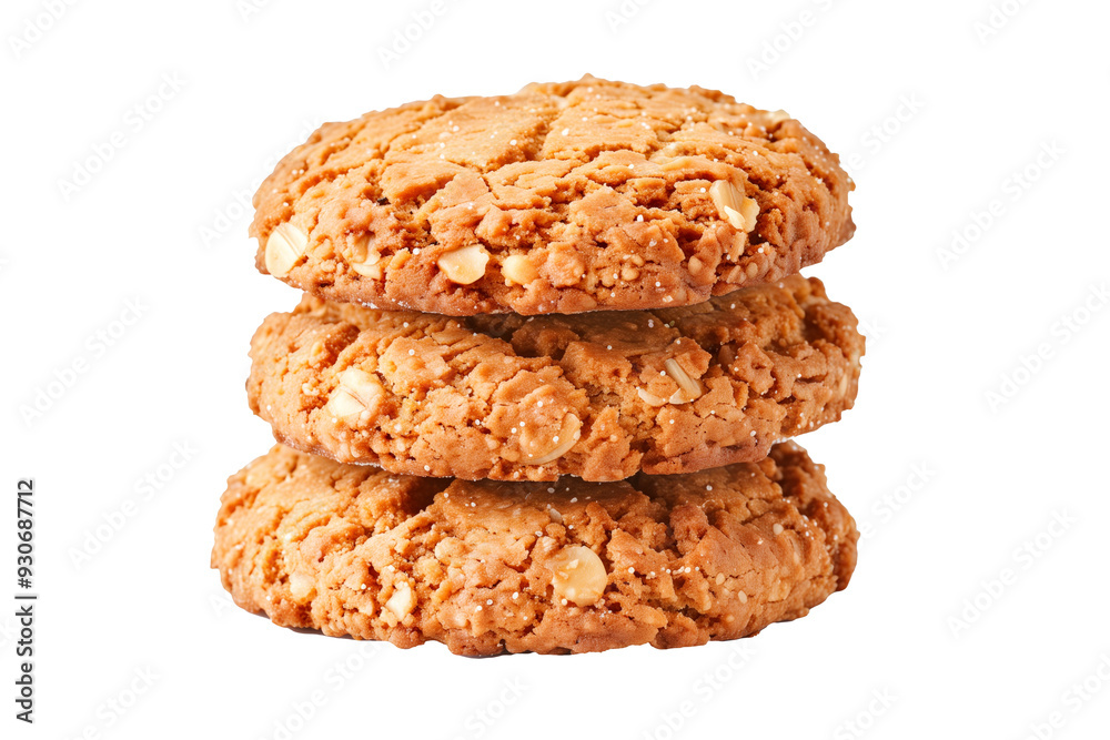 Stack of baked oatmeal cookies or Anzac Biscuit isolated on white transparent background. Concept of homemade baked goods Stack of baked oatmeal cookies or Anzac Biscuit isolated on white transparent background. Concept of homemade baked goods