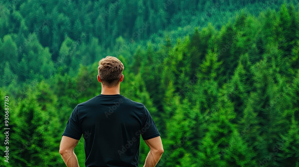 A man stands contemplatively in a lush green forest, surrounded by tall trees and serene nature, evoking a sense of peace and reflection. A man stands contemplatively in a lush green forest, surrounded by tall trees and serene nature, evoking a sense of peace and reflection.