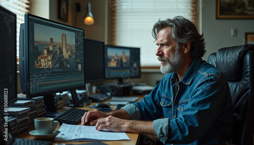 Middle aged man editing footage in cluttered room