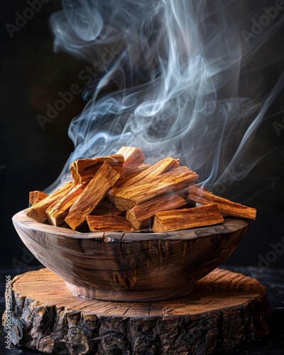 Elegant Oud Wood Chips Emitting Aroma and Intricate Smoke Patterns. photo