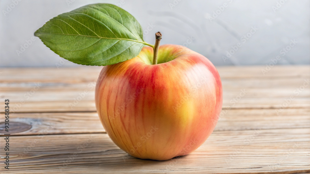 Single Fresh Apple with Leaf on Wooden Surface Single Fresh Apple with Leaf on Wooden Surface