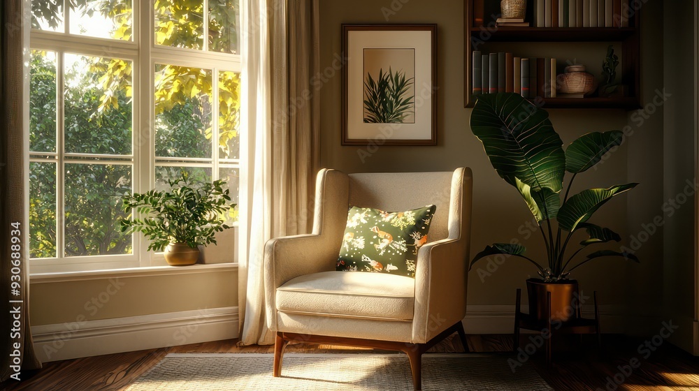 Fototapeta premium A chair is sitting in front of a window with a potted plant next to it. The room is well-lit and has a cozy, inviting atmosphere