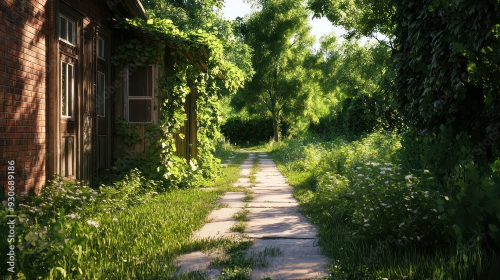 A path in a forest leads to a house with a door that is open. The house is surrounded by trees and bushes, and the path is overgrown with grass. The scene has a peaceful and serene atmosphere