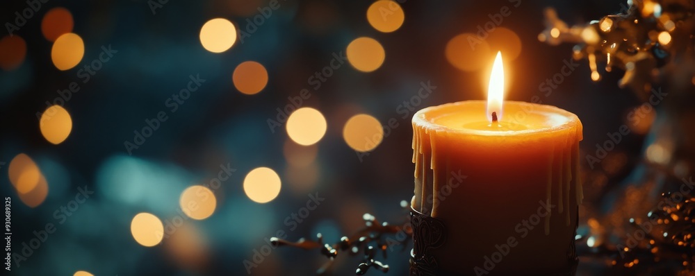 Lit candle with bokeh lights in the Lit candle with bokeh lights in the