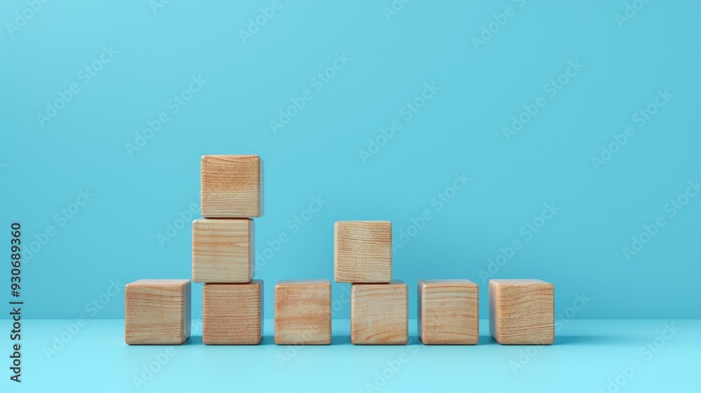 Wooden blocks loading bar on blue background Wooden blocks loading bar on blue background