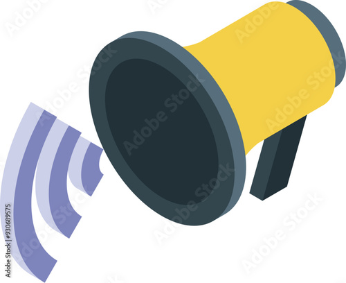 Yellow megaphone making announcement with sound waves on white background