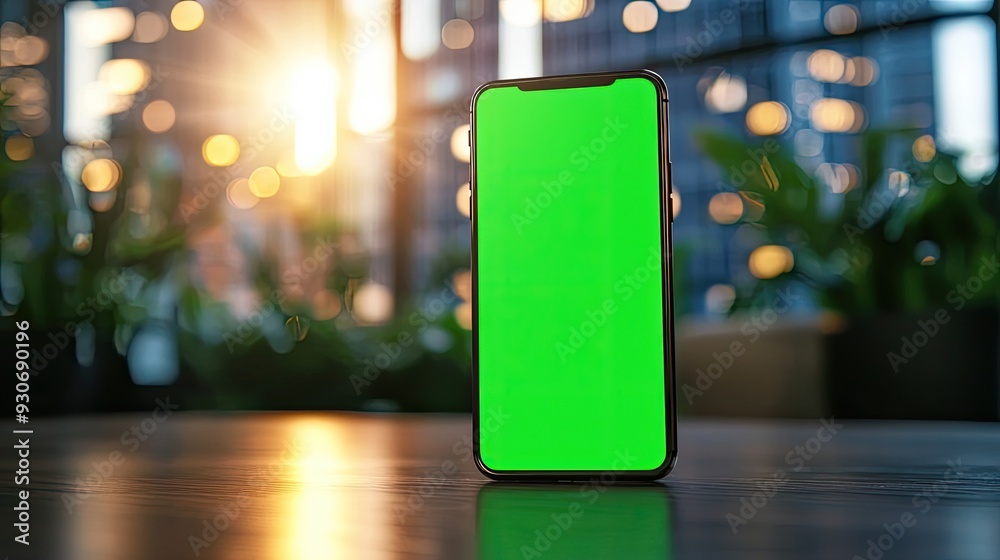Smartphone with a green screen displayed on a wooden table, illuminated by sunlight in a modern, urban environment. Smartphone with a green screen displayed on a wooden table, illuminated by sunlight in a modern, urban environment.