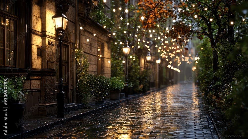 Fototapeta premium A street scene with lights on the street and a tree in the background. Scene is warm and inviting