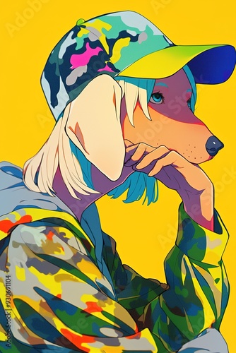 Person with dog head in colorful camo hoodie and cap digital illustration photo