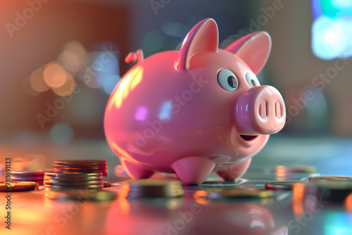 A pink piggy bank with coins on top of it