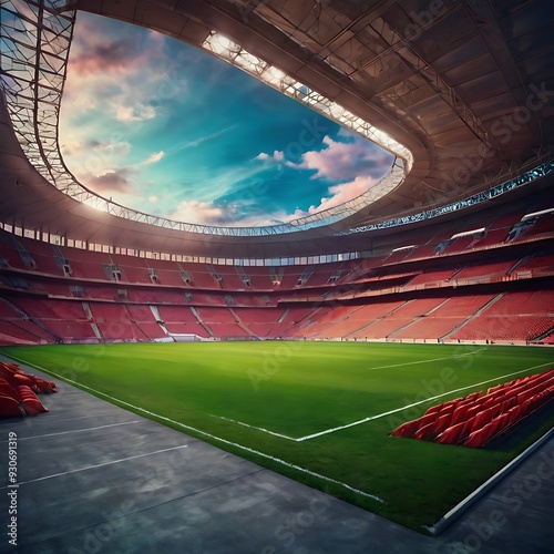 Empty stadium showcasing a well-maintained, lush green playing field under bright lights, football stadium inside view, stadium background, empty arena in neon light