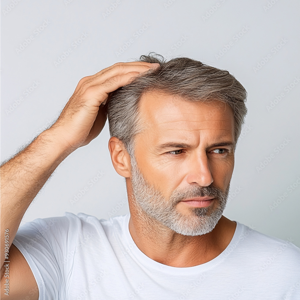 Obraz premium A man with a bald head is looking at the camera. He has a serious expression on his face