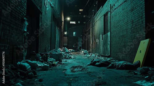 Dimly Lit Urban Alley Filled with Trash and Debris at Night