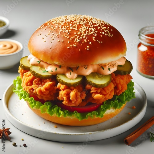 A hot and crispy chicken sandwich with pickles and spicy mayo, placed on a clean white plate, ai_generated