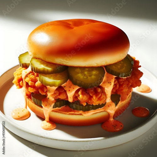 A hot and crispy chicken sandwich with pickles and spicy mayo, placed on a clean white plate, ai_generated