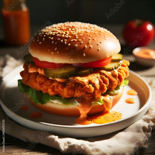 A hot and crispy chicken sandwich with pickles and spicy mayo, placed on a clean white plate, ai_generated