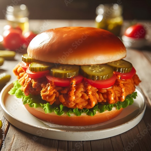 A hot and crispy chicken sandwich with pickles and spicy mayo, placed on a clean white plate, ai_generated
