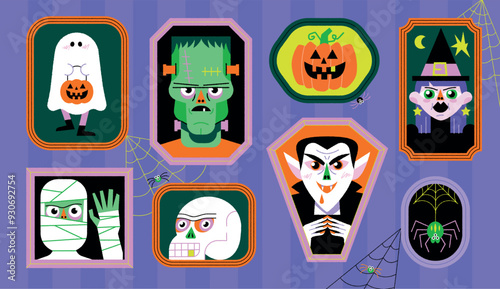 Halloween vector illustration set, vampire, ghost, frankenstein, pumkpin, skull and witch