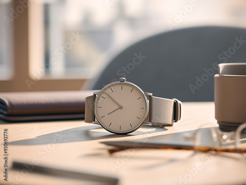 Modern wristwatch with a clean beige strap on a light wooden desk, bathed in soft natural light, representing simplicity and elegance in a modern workspace.