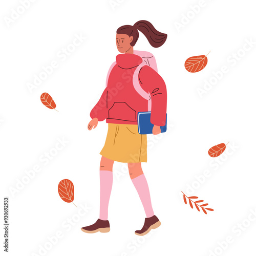 Smiling girl goes to school with satchel and book in her hand. Autumn season with falling leaves. Back to school. Portrait of pretty young girl. Flat cartoon vector isolated illustration