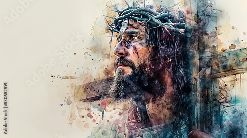 A digital artwork featuring a figure wearing a crown of thorns, blending realistic details with an abstract, splattered paint background, symbolizing sacrifice and redemption. photo