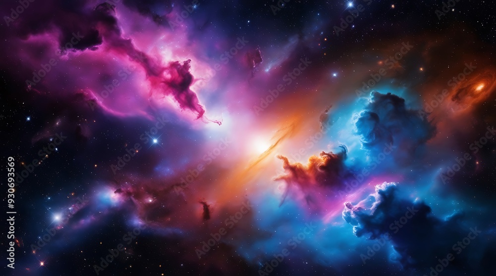 Fototapeta premium A vibrant, colorful space galaxy featuring swirling clouds of nebulae in vivid hues of purple, blue, pink, and orange
