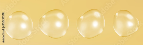 Gold collagen background, oil lab 3D peptide molecule background, jojoba cosmetic science banner. Yellow liquid bubble, vector skin care vitamin medical poster.