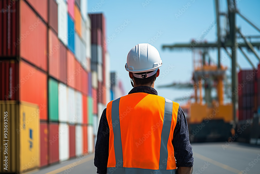 A construction worker in safety gear stands before a row of colorful shipping containers. A construction worker in safety gear stands before a row of colorful shipping containers.