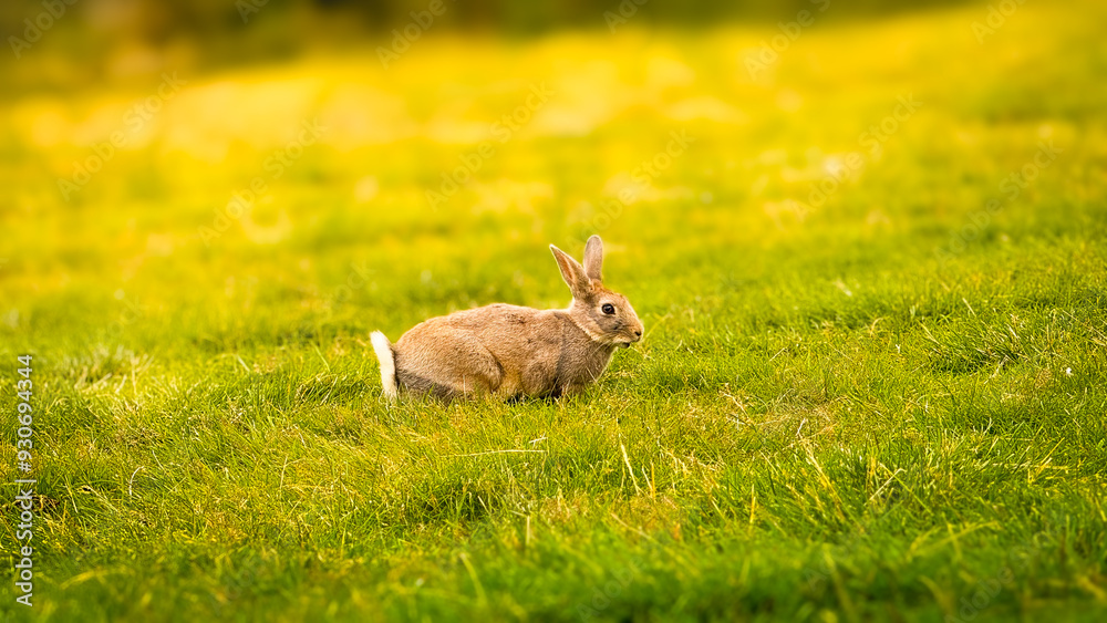Naklejka premium Cute rabbit eats grass against a background of bokeh and sunlight. Pets in a country house. The bunny eats grass as a symbol of Easter and May holidays. Rabbit on the grass.