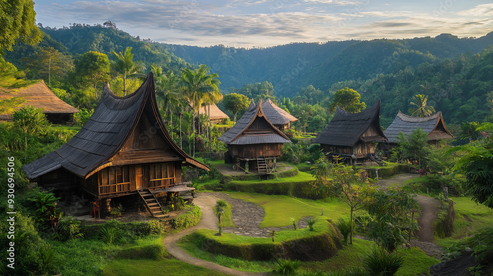 Wooden Homes Against a Mountain Landscape. Wooden Homes Against a Mountain Landscape.