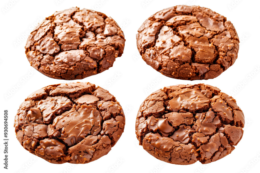 Chocolate brownie cookies with chunks of chocolate stacked isolated on white transparent background. Close-up shot, showcasing texture and richness Chocolate brownie cookies with chunks of chocolate stacked isolated on white transparent background. Close-up shot, showcasing texture and richness