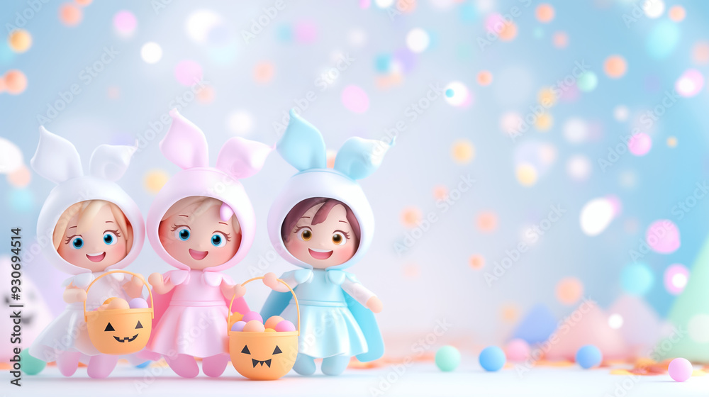 Three children dressed as bunnies joyfully hold candy bags in a vibrant, festive atmosphere filled with colorful decorations Three children dressed as bunnies joyfully hold candy bags in a vibrant, festive atmosphere filled with colorful decorations