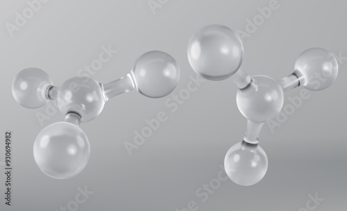 Set of transparent glass molecules model. 3D abstract molecular structures isolated on grey background. Vector 3d illustration