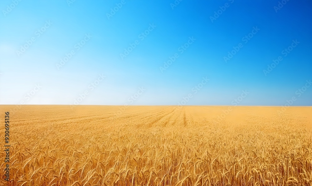Aerial view of golden wheat field under blue sky. Autumn harvest season. Agriculture and farming. Agricultural landscape and rural scenery Aerial view of golden wheat field under blue sky. Autumn harvest season. Agriculture and farming. Agricultural landscape and rural scenery