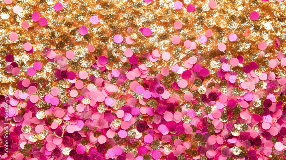 A close-up of pink and gold glitter confetti creating a sparkly and festive background. A close-up of pink and gold glitter confetti creating a sparkly and festive background.