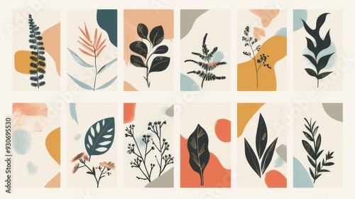 set of abstract botanical paintings illustrations for printing in calm pleasant colors