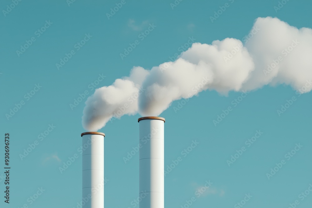 Industrial Chimneys Emitting White Smoke Against Clear Blue Sky on a Sunny Day Industrial Chimneys Emitting White Smoke Against Clear Blue Sky on a Sunny Day