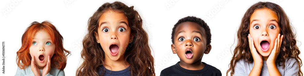 adorable gang of heads of positively shocked/amused kids; cute group of curious multicultural children isolated on white background; surprised face expression adorable gang of heads of positively shocked/amused kids; cute group of curious multicultural children isolated on white background; surprised face expression