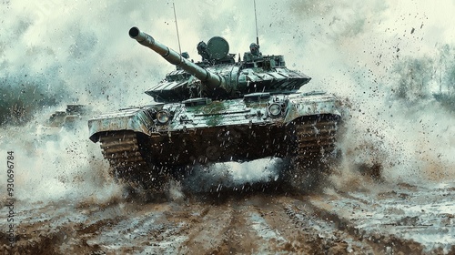 Watercolor tank crossing a muddy field, with dynamic motion and detailed textures. photo