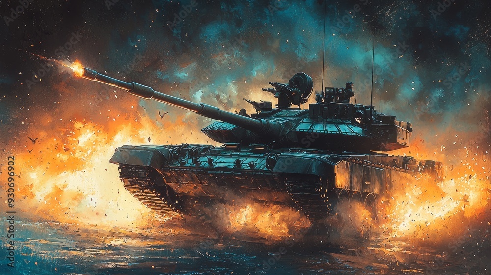 Φωτογραφία Watercolor tank firing at night, with bright flashes of light and dark shadows