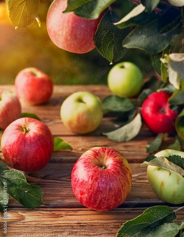 Fresh Red and green Apples on wooden table and on tree branches. Autumn and Harvest Concept. Apple garden. Fresh Red and green Apples on wooden table and on tree branches. Autumn and Harvest Concept. Apple garden.