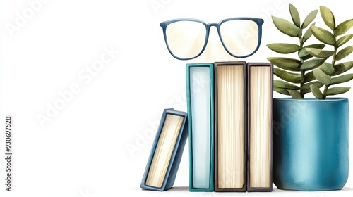 An aesthetic arrangement of books, glasses, and a plant, perfect for promoting reading or studying environments. photo