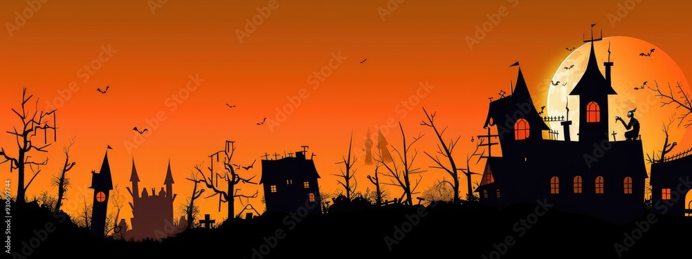 Spooky Halloween Night Scene: Haunted House, Full Moon, and Witch Statue Silhouettes for Greeting Cards and Posters