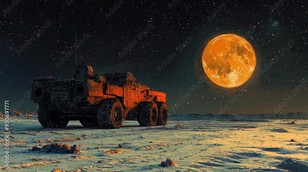 Watercolor tank parked under a full moon, with cool, soft light. Watercolor tank parked under a full moon, with cool, soft light.